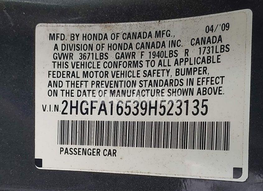 Photo 9 of 2009 Honda Civic LX (VIN 2HGFA16539H523135)