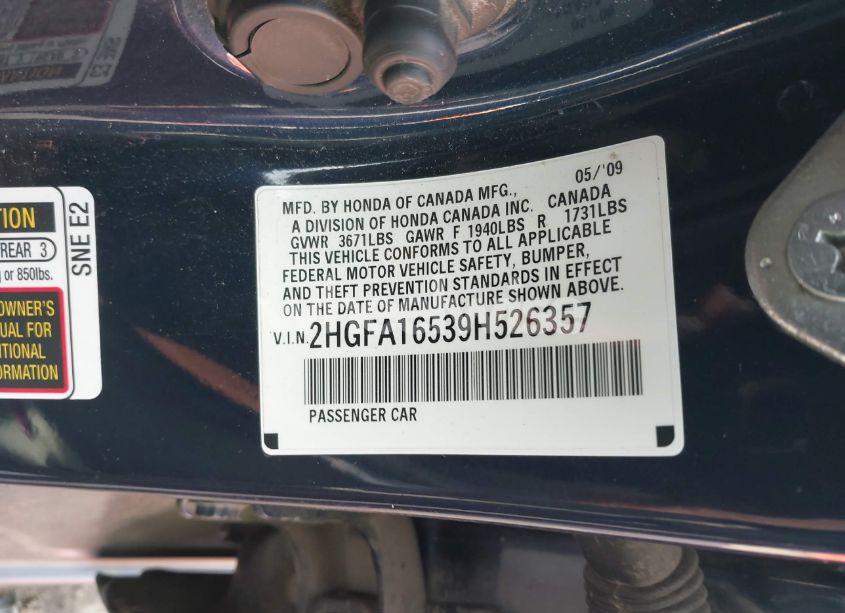 Photo 9 of 2009 Honda Civic LX (VIN 2HGFA16539H526357)