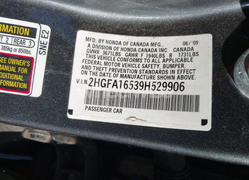 Photo 9 of 2009 Honda Civic LX (VIN 2HGFA16539H529906)