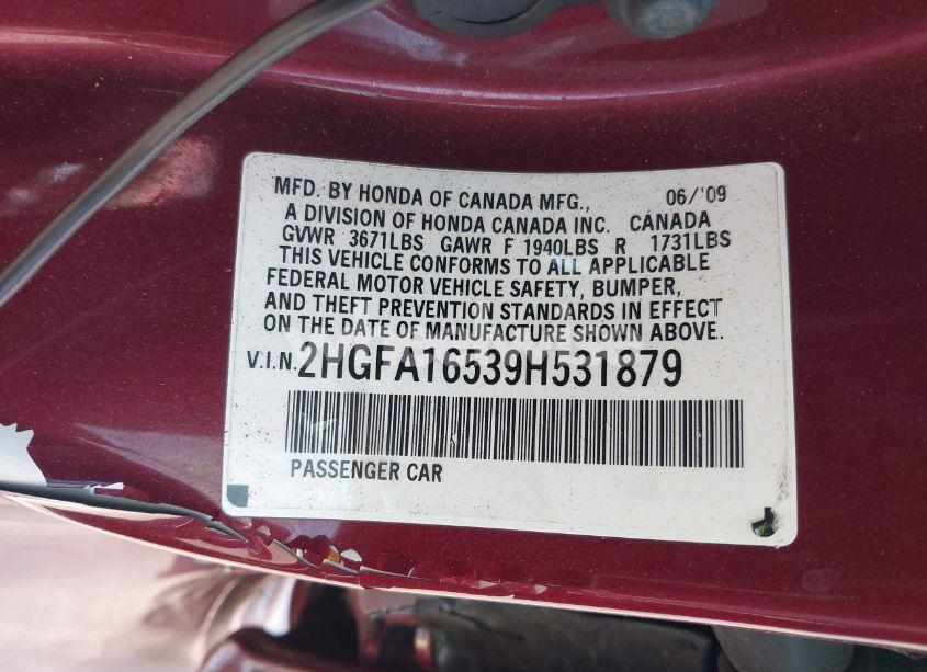 Photo 9 of 2009 Honda Civic LX (VIN 2HGFA16539H531879)