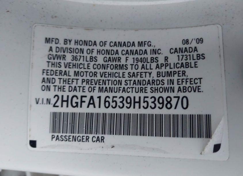 Photo 9 of 2009 Honda Civic LX (VIN 2HGFA16539H539870)