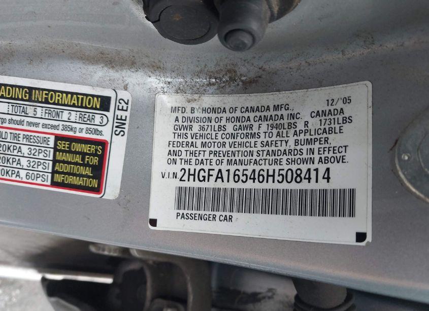 Photo 9 of 2006 Honda Civic LX (VIN 2HGFA16546H508414)