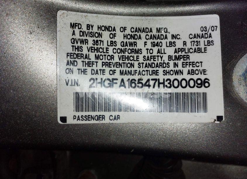 Photo 9 of 2007 Honda Civic LX (VIN 2HGFA16547H300096)