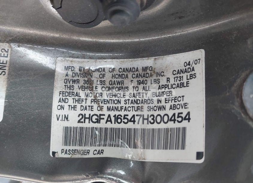 Photo 9 of 2007 Honda Civic LX (VIN 2HGFA16547H300454)