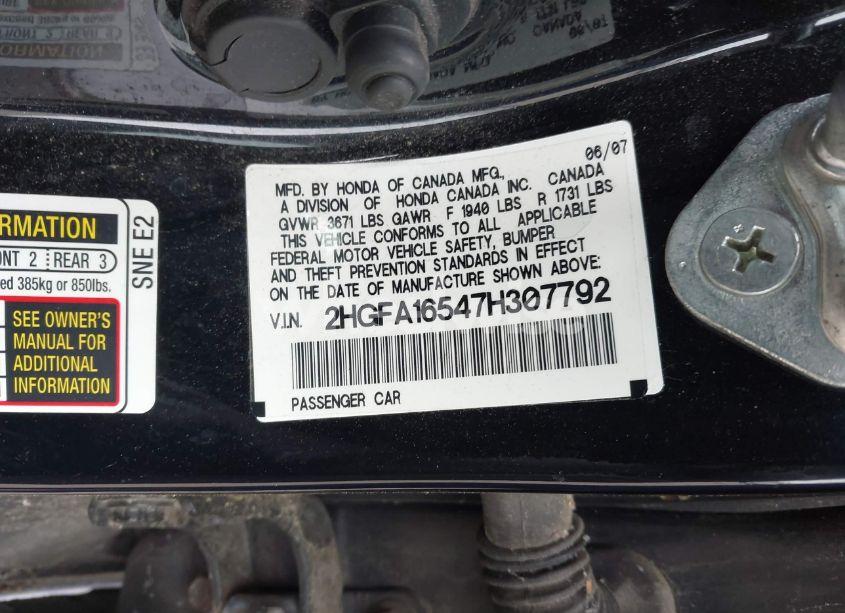 Photo 9 of 2007 Honda Civic LX (VIN 2HGFA16547H307792)