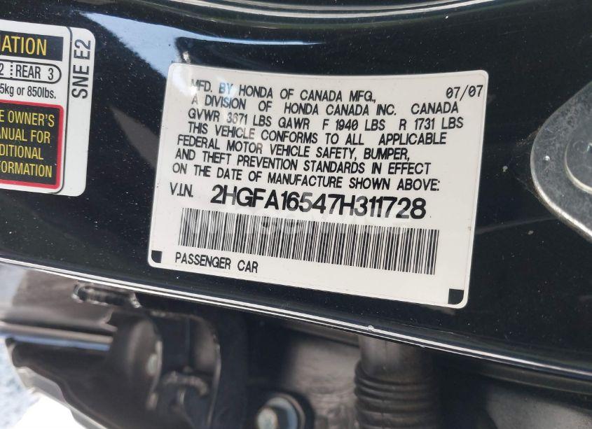 Photo 9 of 2007 Honda Civic LX (VIN 2HGFA16547H311728)