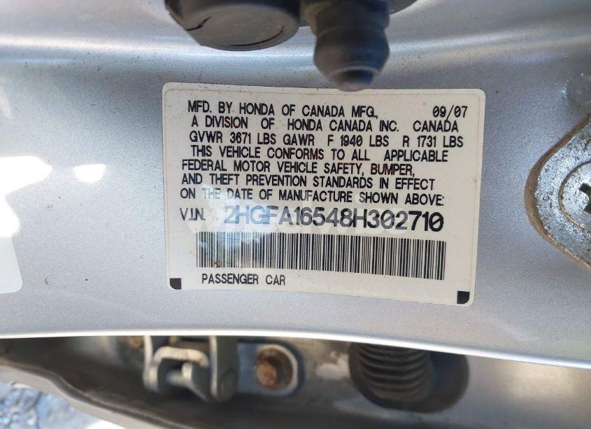 Photo 9 of 2008 Honda Civic LX (VIN 2HGFA16548H302710)