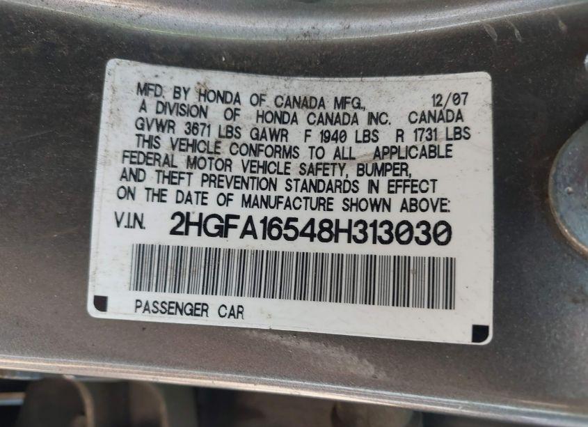 Photo 9 of 2008 Honda Civic LX (VIN 2HGFA16548H313030)