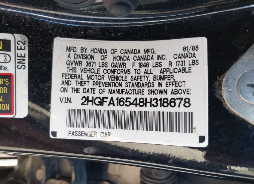 Photo 9 of 2008 Honda Civic LX (VIN 2HGFA16548H318678)