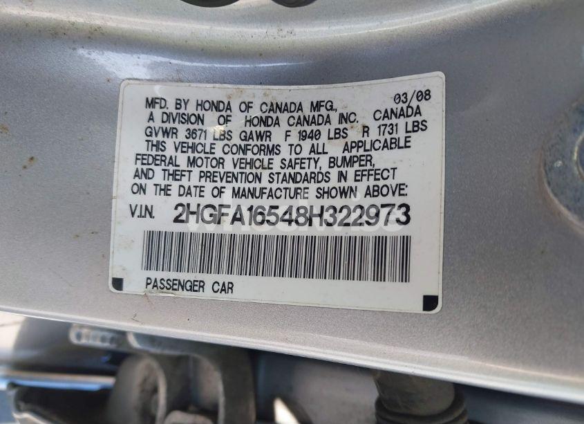 Photo 9 of 2008 Honda Civic LX (VIN 2HGFA16548H322973)