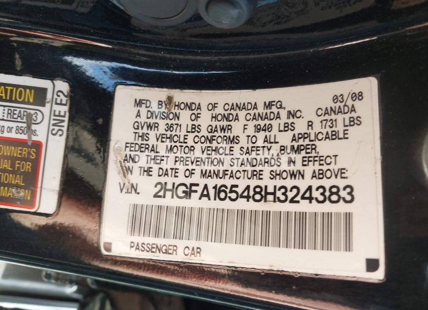 Photo 9 of 2008 Honda Civic LX (VIN 2HGFA16548H324383)