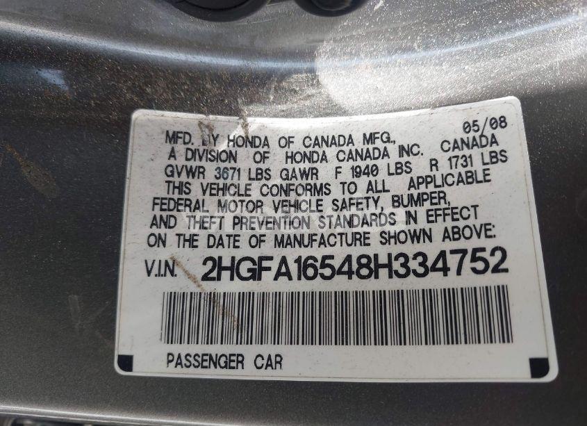 Photo 9 of 2008 Honda Civic LX (VIN 2HGFA16548H334752)