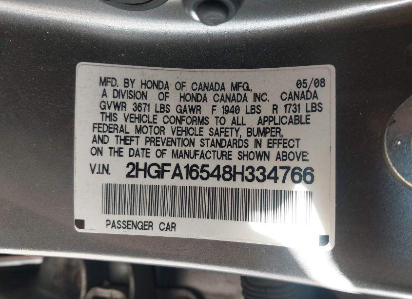 Photo 9 of 2008 Honda Civic LX (VIN 2HGFA16548H334766)