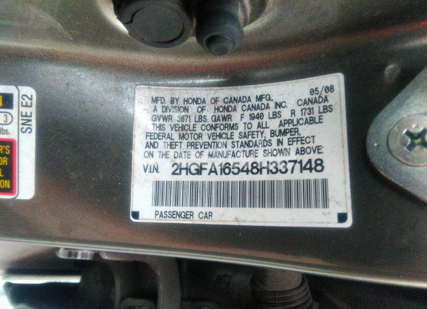 Photo 9 of 2008 Honda Civic LX (VIN 2HGFA16548H337148)