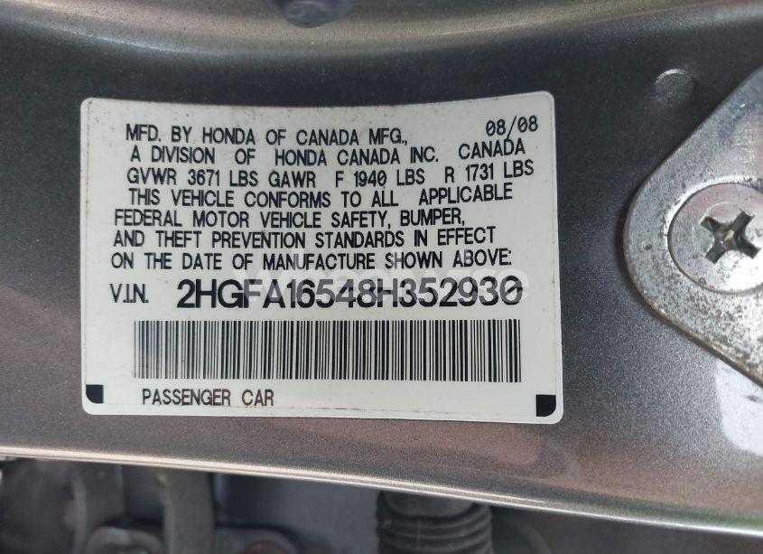 Photo 9 of 2008 Honda Civic LX (VIN 2HGFA16548H352930)