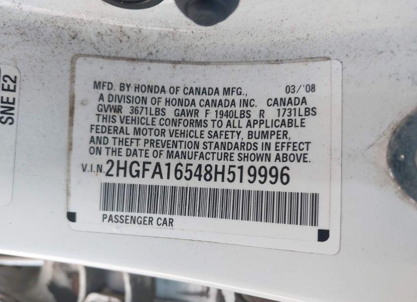 Photo 9 of 2008 Honda Civic LX (VIN 2HGFA16548H519996)