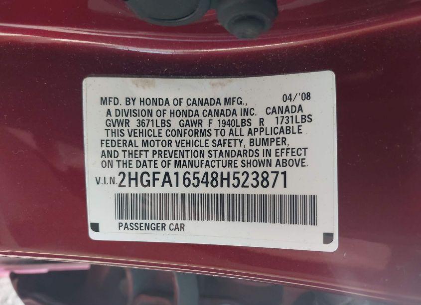 Photo 9 of 2008 Honda Civic LX (VIN 2HGFA16548H523871)