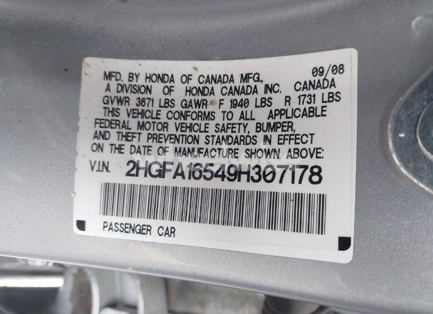 Photo 9 of 2009 Honda Civic LX (VIN 2HGFA16549H307178)