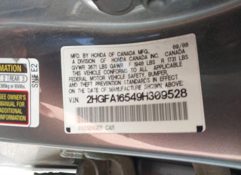 Photo 9 of 2009 Honda Civic LX (VIN 2HGFA16549H309528)