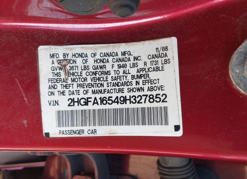 Photo 9 of 2009 Honda Civic LX (VIN 2HGFA16549H327852)