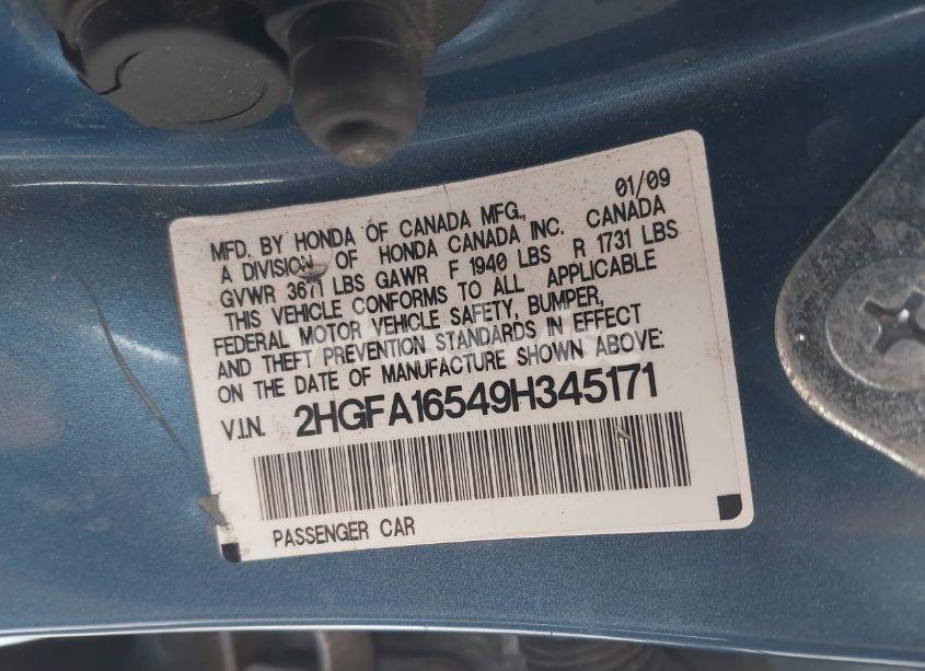 Photo 9 of 2009 Honda Civic LX (VIN 2HGFA16549H345171)