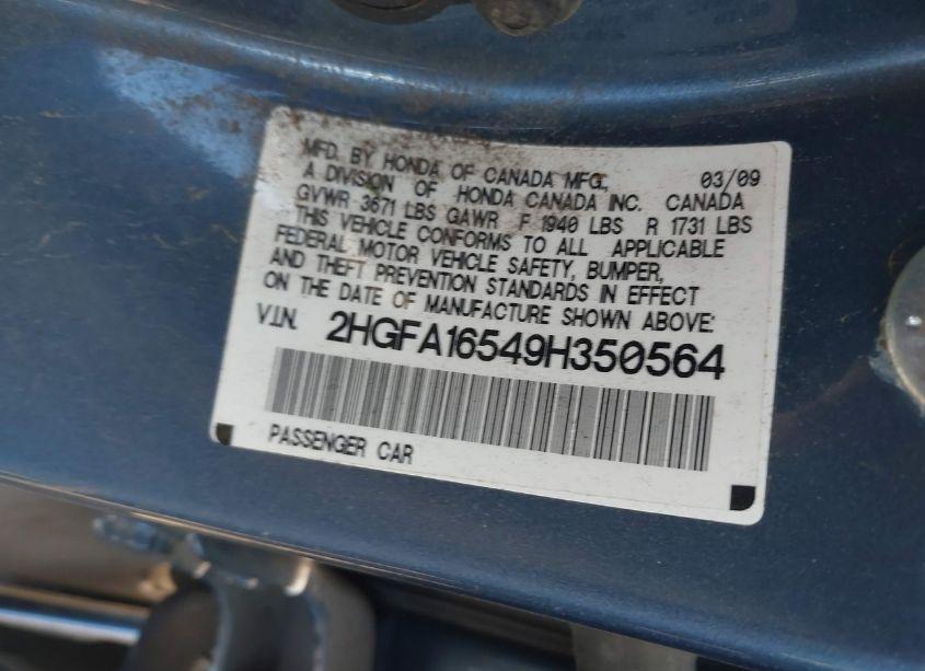 Photo 9 of 2009 Honda Civic LX (VIN 2HGFA16549H350564)