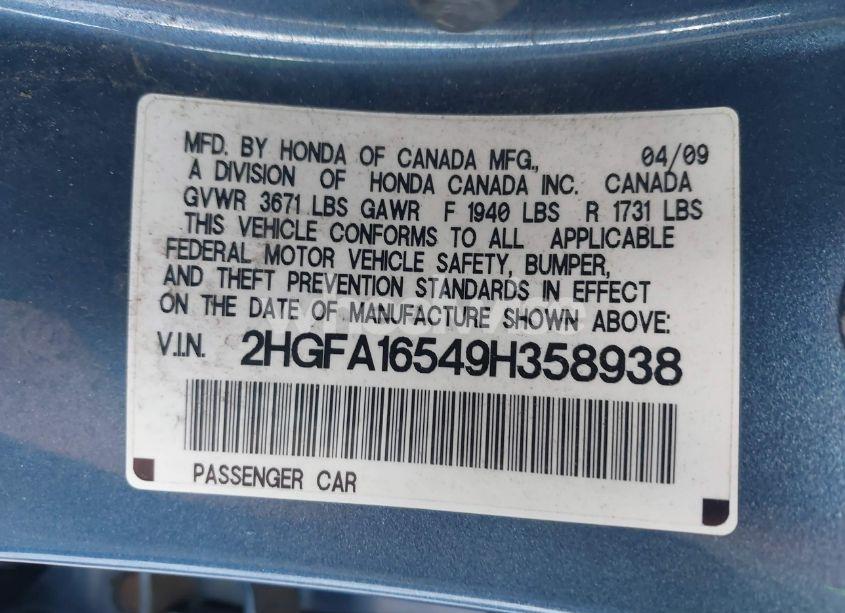 Photo 9 of 2009 Honda Civic LX (VIN 2HGFA16549H358938)