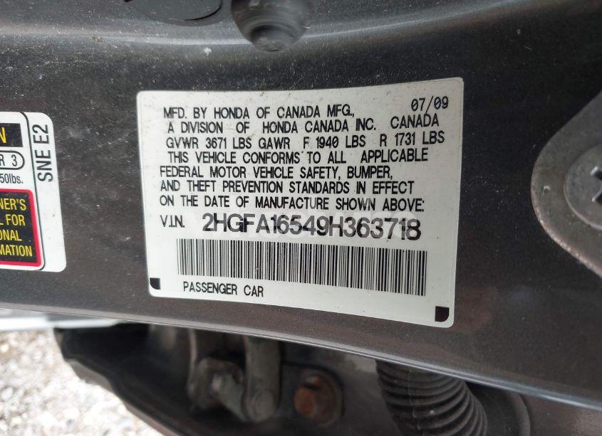 Photo 9 of 2009 Honda Civic LX (VIN 2HGFA16549H363718)