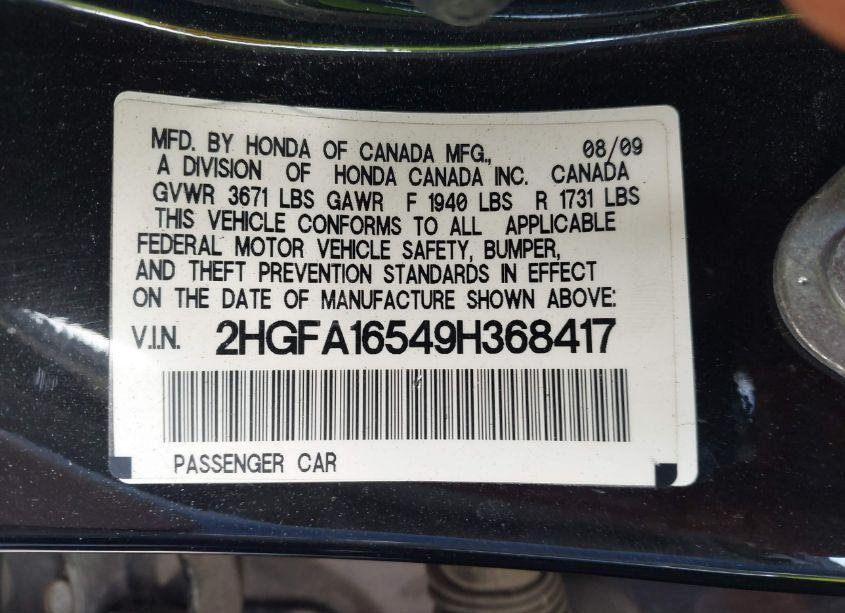 Photo 9 of 2009 Honda Civic LX (VIN 2HGFA16549H368417)