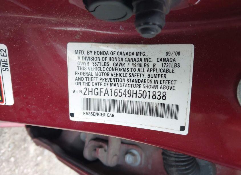 Photo 9 of 2009 Honda Civic LX (VIN 2HGFA16549H501838)