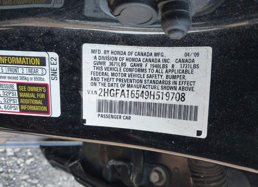 Photo 9 of 2009 Honda Civic LX (VIN 2HGFA16549H519708)