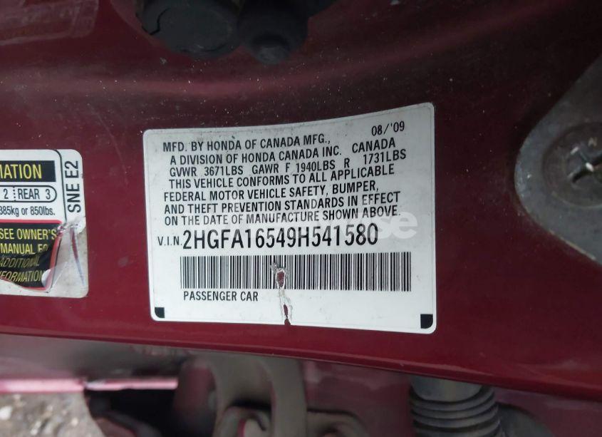 Photo 9 of 2009 Honda Civic LX (VIN 2HGFA16549H541580)