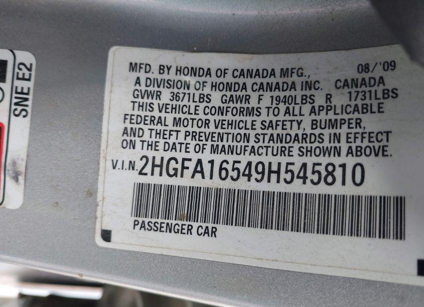 Photo 9 of 2009 Honda Civic LX (VIN 2HGFA16549H545810)