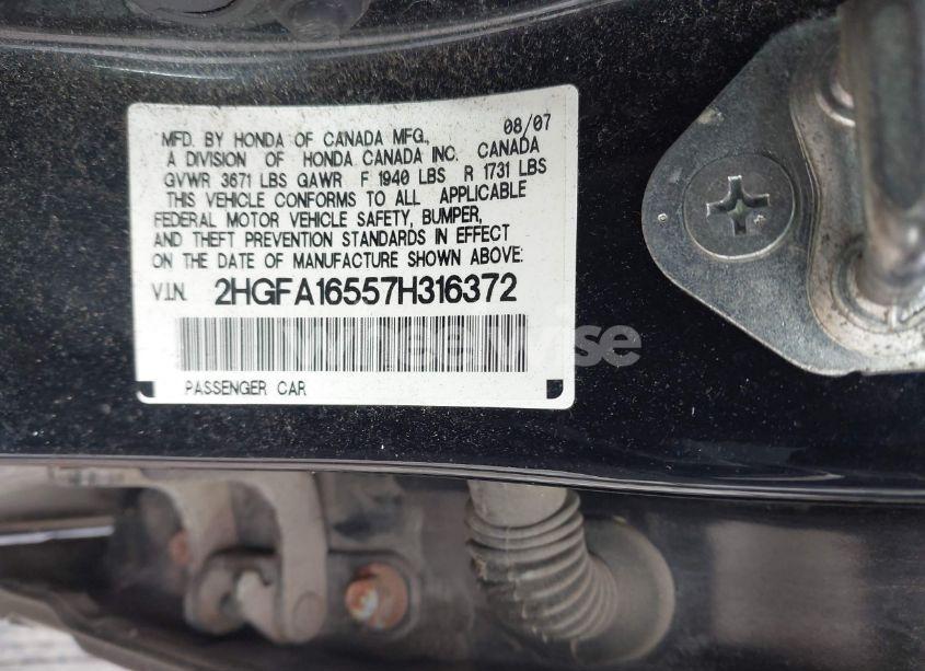 Photo 9 of 2007 Honda Civic LX (VIN 2HGFA16557H316372)