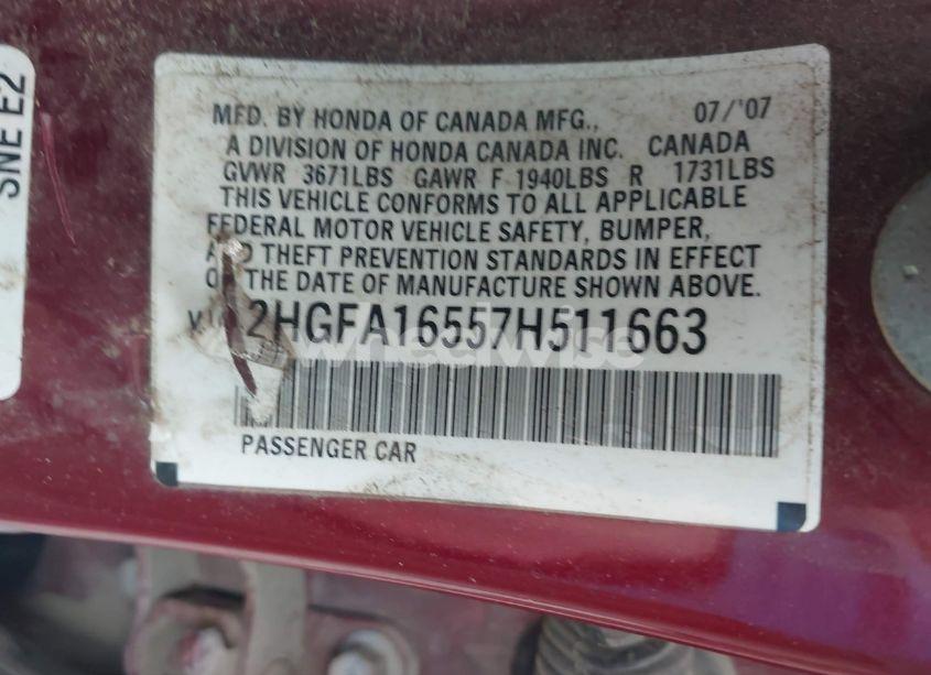 Photo 9 of 2007 Honda Civic LX (VIN 2HGFA16557H511663)