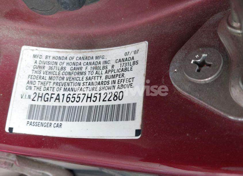 Photo 9 of 2007 Honda Civic LX (VIN 2HGFA16557H512280)