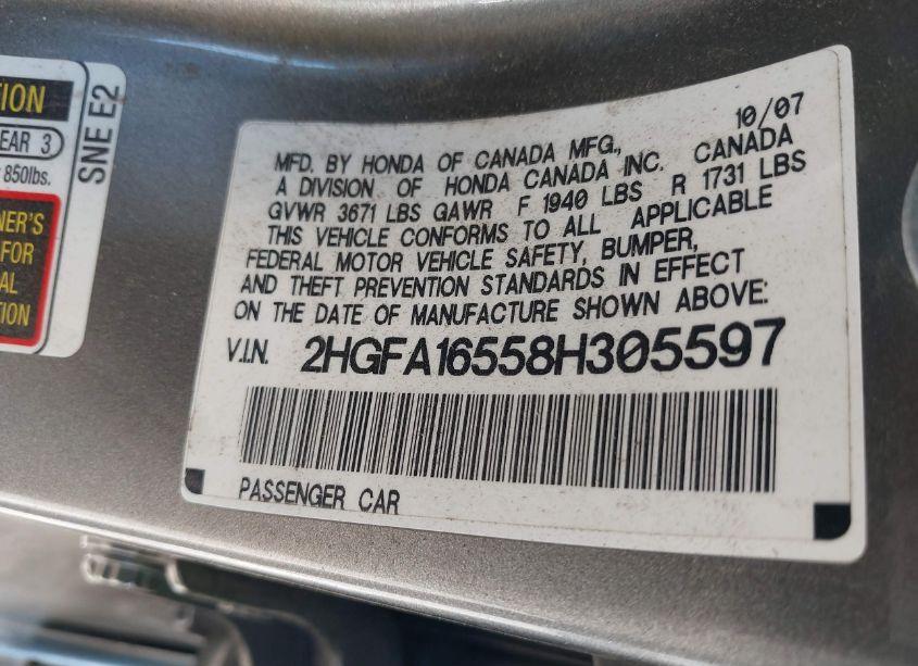 Photo 9 of 2008 Honda Civic LX (VIN 2HGFA16558H305597)