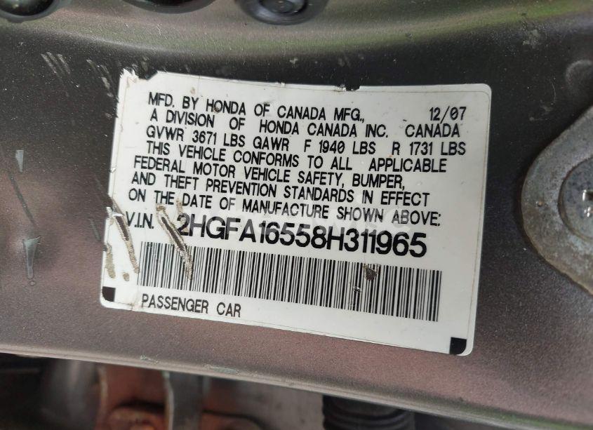 Photo 9 of 2008 Honda Civic LX (VIN 2HGFA16558H311965)