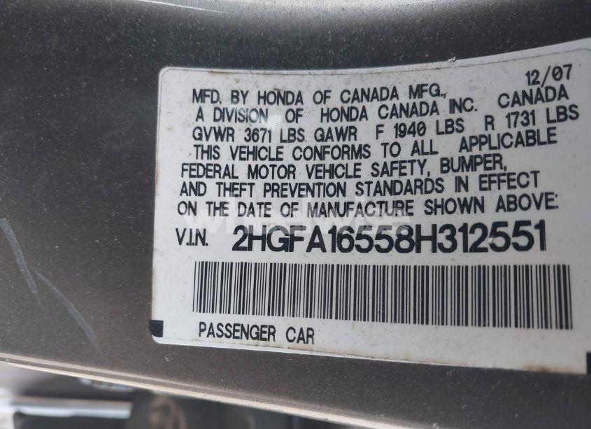 Photo 9 of 2008 Honda Civic LX (VIN 2HGFA16558H312551)