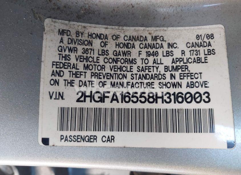 Photo 9 of 2008 Honda Civic LX (VIN 2HGFA16558H316003)