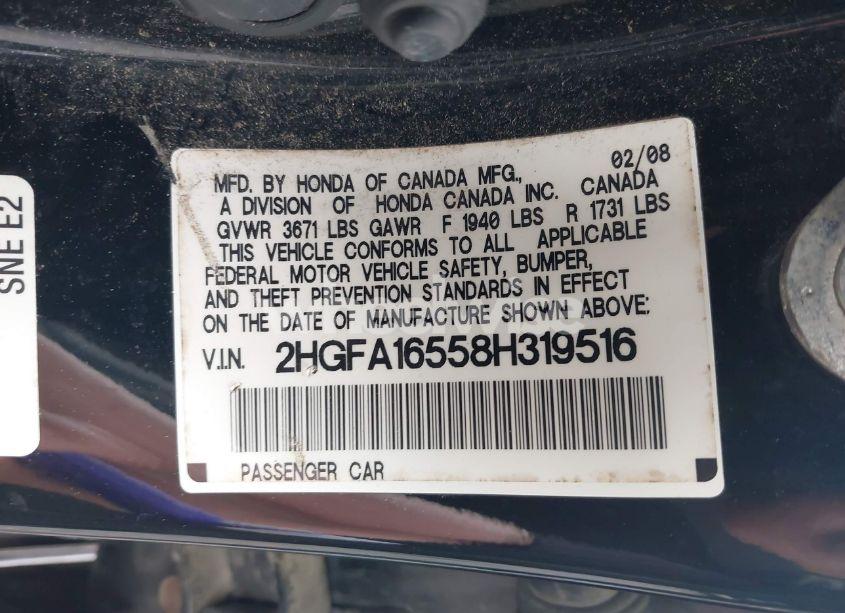 Photo 9 of 2008 Honda Civic LX (VIN 2HGFA16558H319516)