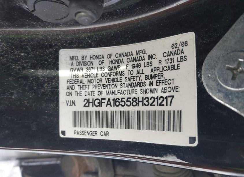 Photo 9 of 2008 Honda Civic LX (VIN 2HGFA16558H321217)