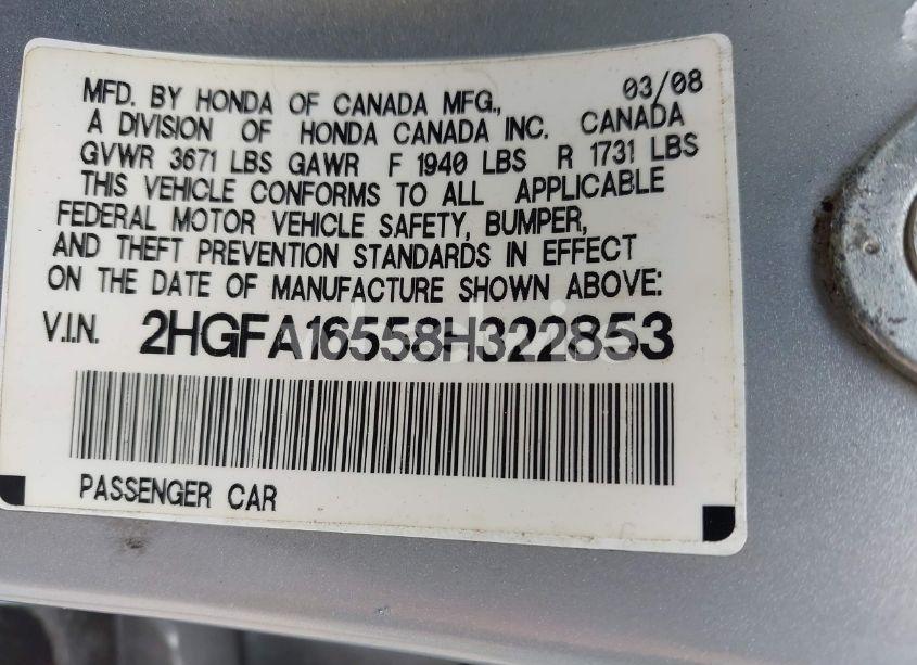 Photo 9 of 2008 Honda Civic LX (VIN 2HGFA16558H322853)