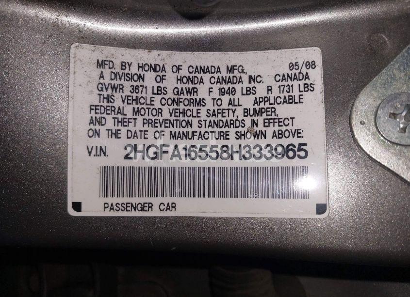 Photo 9 of 2008 Honda Civic LX (VIN 2HGFA16558H333965)