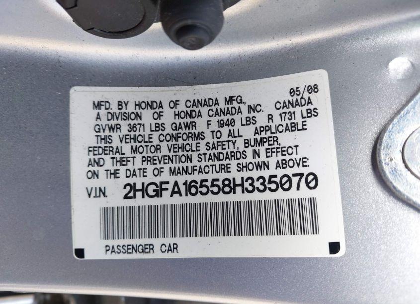 Photo 9 of 2008 Honda Civic LX (VIN 2HGFA16558H335070)