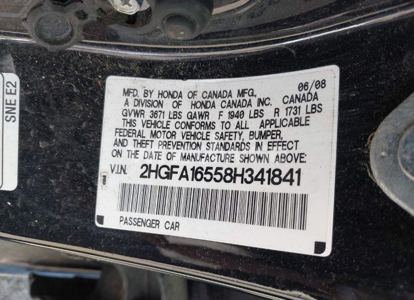 Photo 9 of 2008 Honda Civic LX (VIN 2HGFA16558H341841)