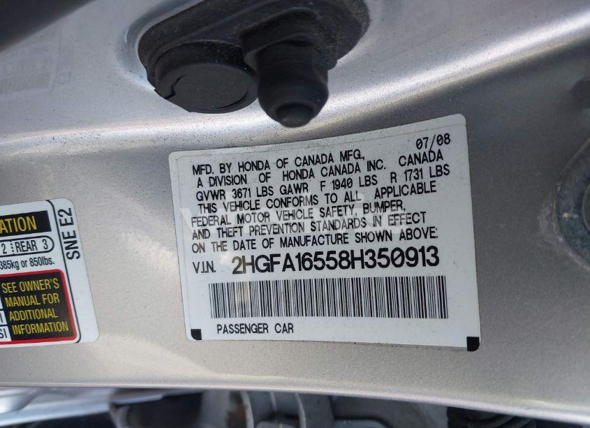 Photo 9 of 2008 Honda Civic LX (VIN 2HGFA16558H350913)