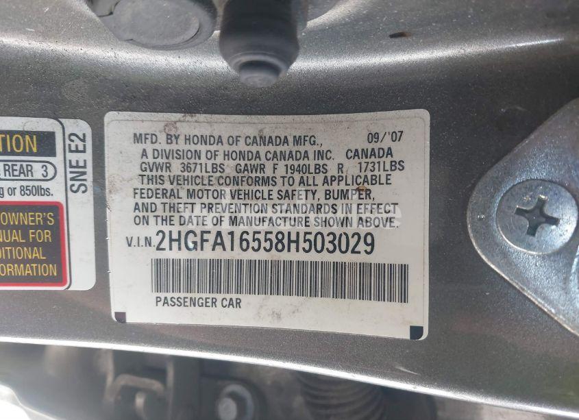 Photo 9 of 2008 Honda Civic LX (VIN 2HGFA16558H503029)