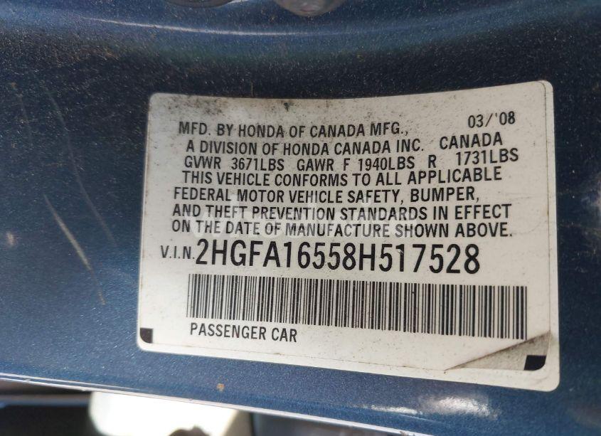 Photo 9 of 2008 Honda Civic LX (VIN 2HGFA16558H517528)