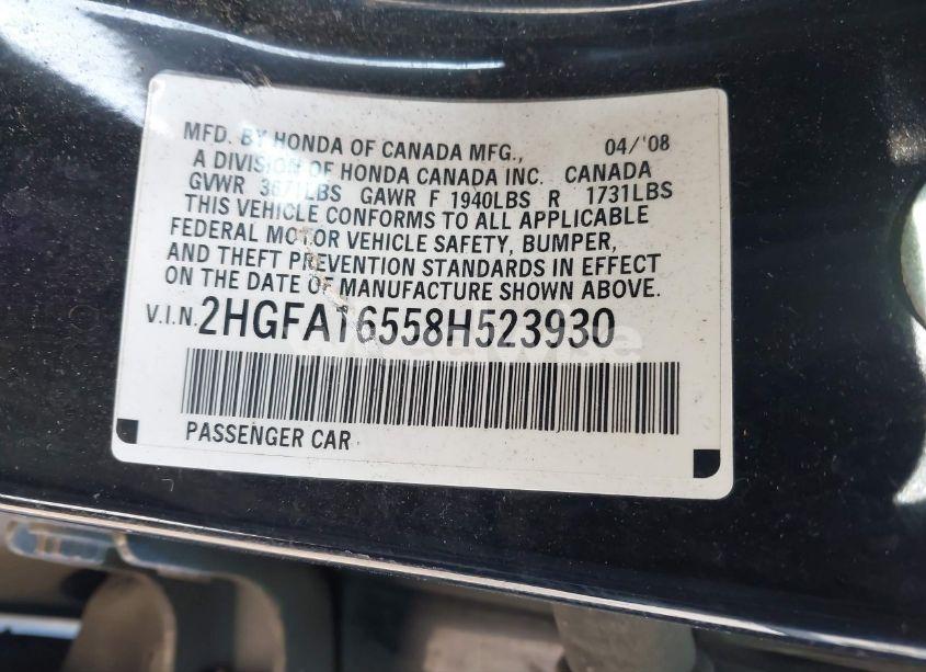 Photo 9 of 2008 Honda Civic LX (VIN 2HGFA16558H523930)